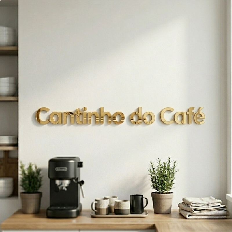 Letreiro Cantinho do Café Acrílico Espelhado Cozinha Área Gourmet Parede 3D Dourado Rose Prata Preto