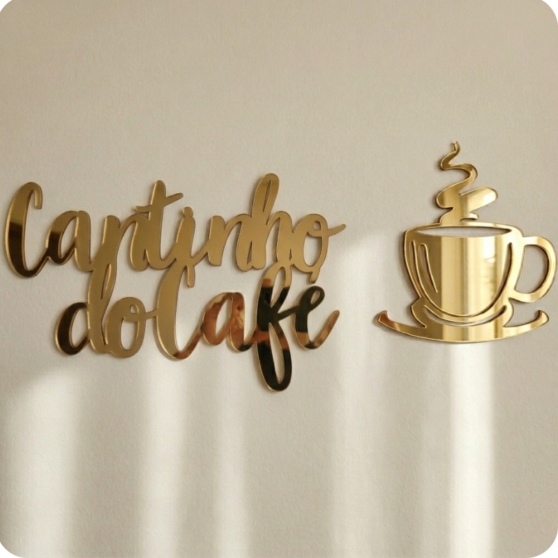 Letreiro Cantinho do Café Acrílico Espelhado 3D Decorativo Parede Cozinha Dourado Rose Prata Preto