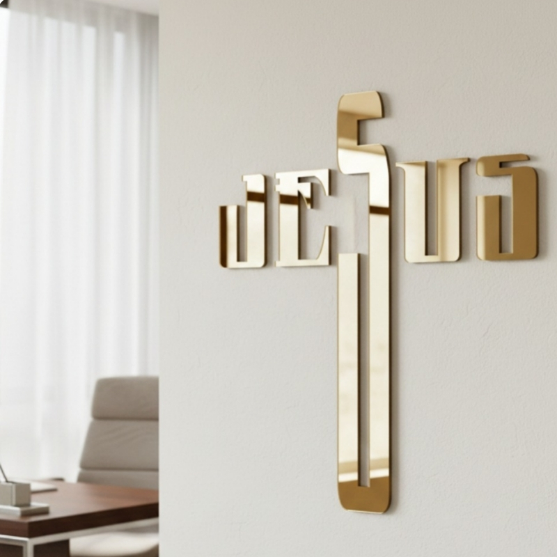 Quadro Jesus Cruz Letreiro Acrílico Espelhado Dourado Prata Preto Para Sala/Quarto/Igreja/Púlpito