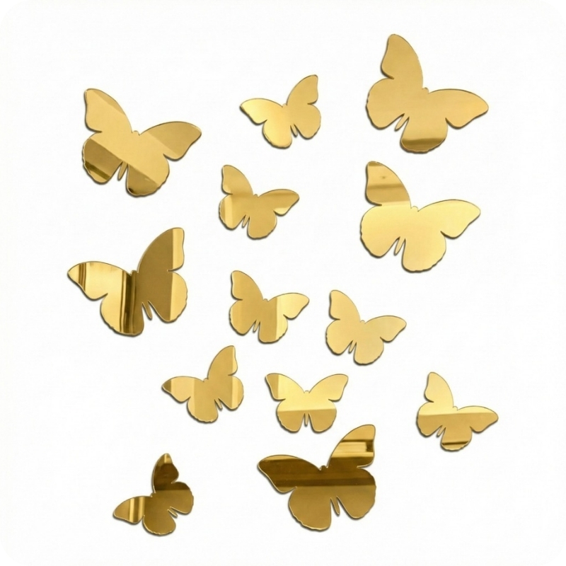 Kit Apliques Acrílico Espelhado 3D Borboleta Coração Decoração Luxo Parede Dourado/Rose/Prata/Preto